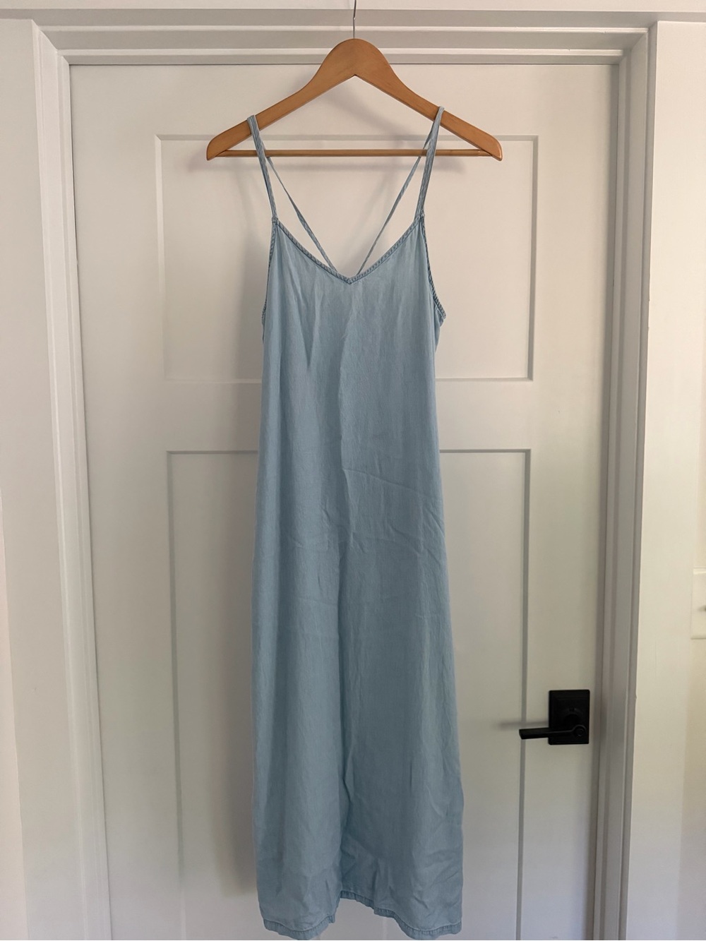 Aerie Light Wash Chambray Cross Back Maxi Dress with Side Slits S
